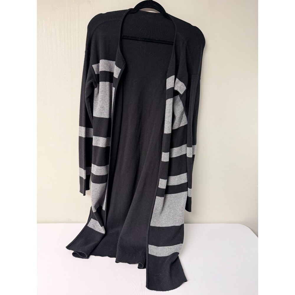 Athleta Womens Medium Black Gray Striped Long Open Front Cardigan Sweater